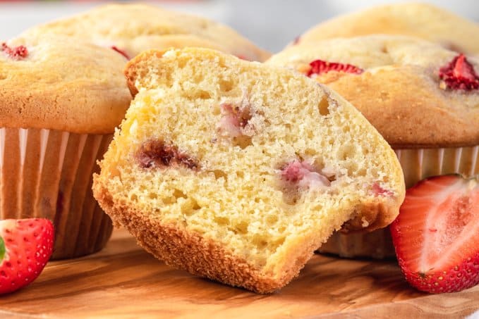 The inside of a strawberry muffin.