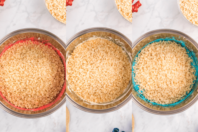 Process for adding Rice Krispies for Patriotic Rice Krispie Stars