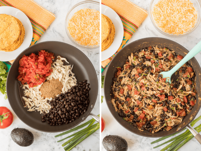 Two process photos for making the topping for Chicken Tostadas.
