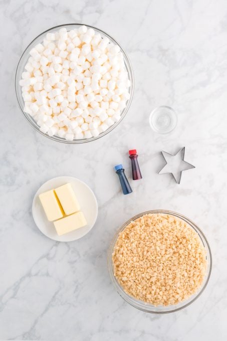 Ingredients for red, white, and blue Rice Krispie Treats