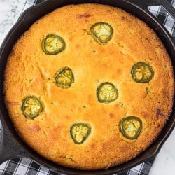 A skillet with Jalapeño Cheddar Cornbread.