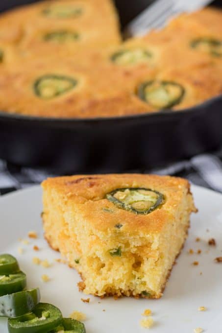 Jalapeno cornbread made in a cast iron skillet.