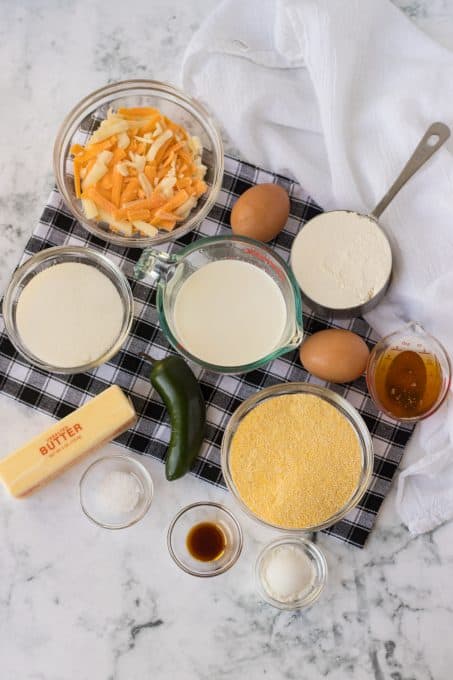 Ingredients for cornbread with cheese and jalapeño peppers.