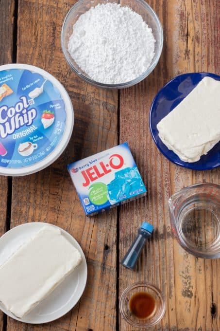 Some of the ingredients to make a blue dessert.