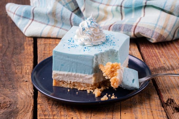 A bite of a blue Dream Bar dessert.