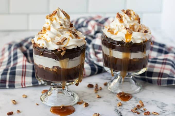 Layers of silken soy chocolate pudding, whipped cream, caramel and pecans.