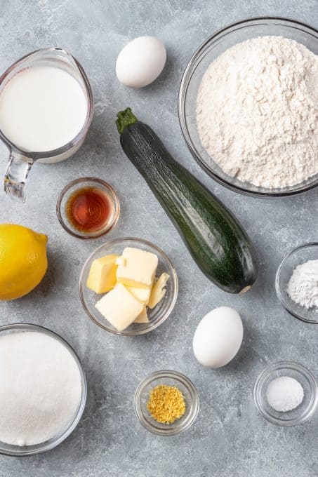 Ingredients for Muffins with lemon and zucchini.