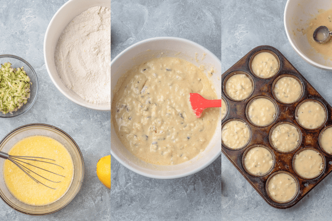 Process steps for making Zucchini Lemon Muffins.