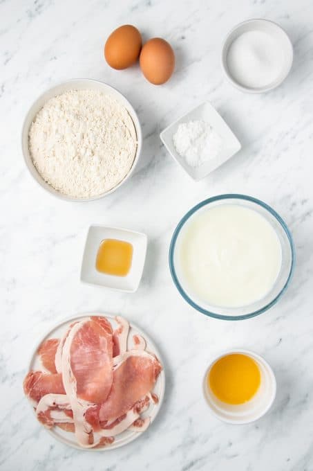 Ingredients for pancakes made with bacon.