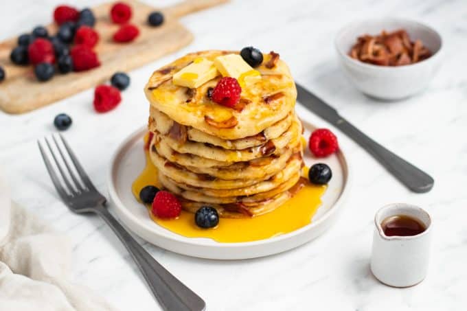 A stack of buttermilk bacon pancakes.