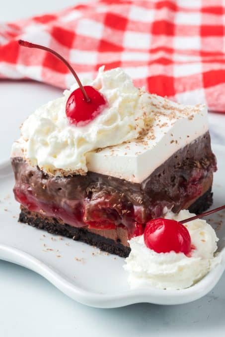 Layers of chocolate, cherries, and whipped topping.