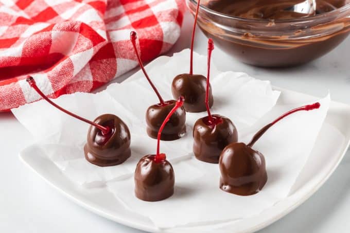 Cherries covered in chocolate.