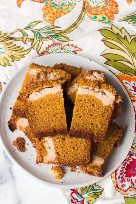 Pumpkin quick bread with cream cheese.