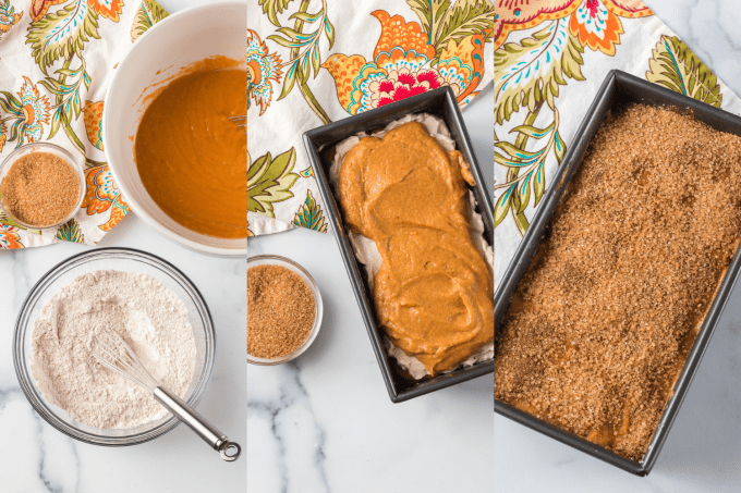 Process photos for Pumpkin Bread with a cream cheese swirl.