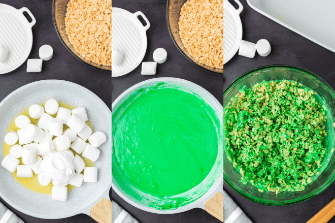 Process steps for melting marshmallows and adding green food coloring.