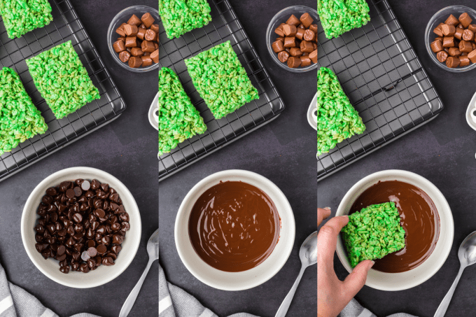 Process for dipping Halloween treats into melted chocolate.
