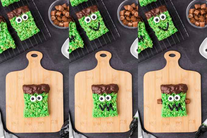 Putting the finishing touches on Frankenstein Halloween Monster Treats.