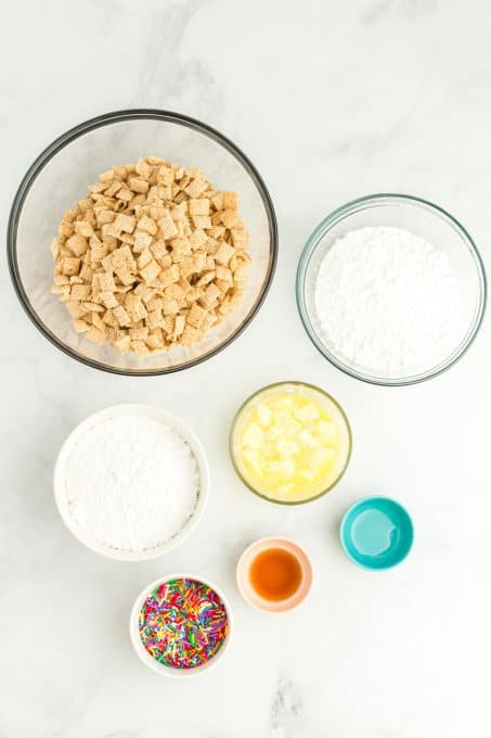 Ingredients for puppy chow with a funfetti flavor.