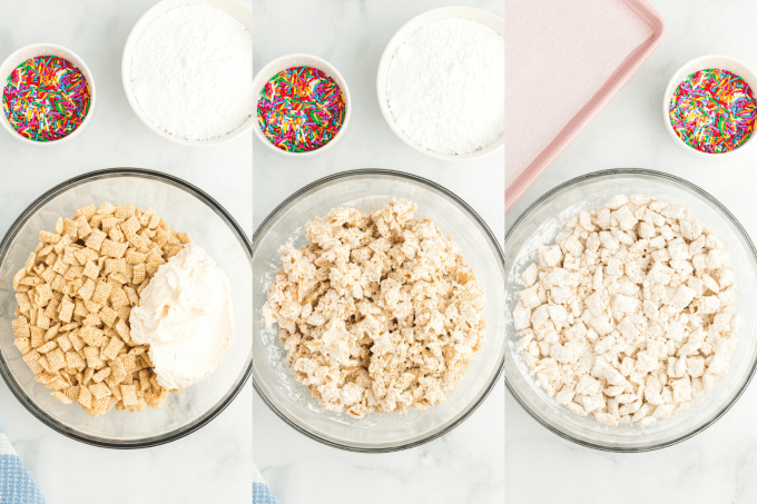 Process steps for making Funfetti Puppy Chow.