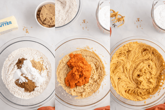 Process steps for mixing Pumpkin cookie batter.
