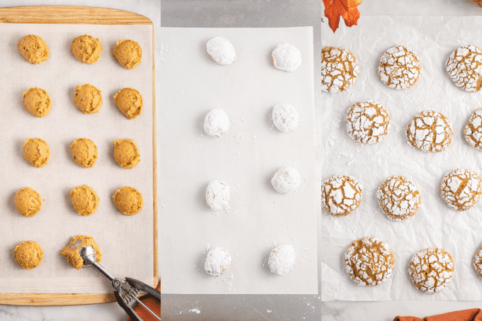 Process steps for baking crinkle cookies with pumpkin.