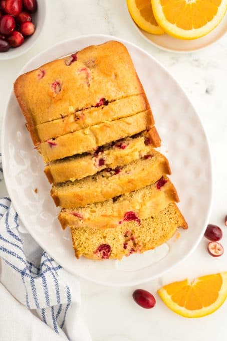 Slices of a quick bread on a plate.