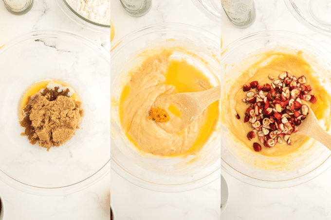 Process steps for adding cranberries to orange bread.