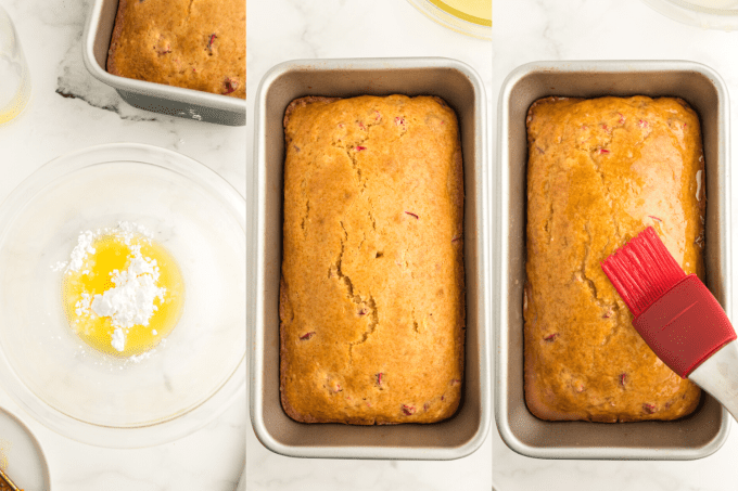 Process steps for glazing an Orange quick bread.