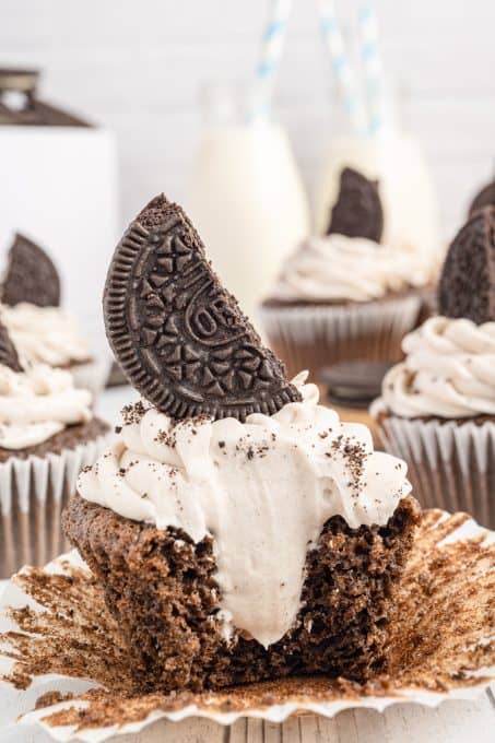 An Oreo Cupcake with Oreo Cream Cheese frosting on top and inside!