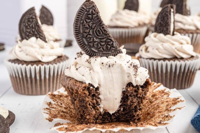 The inside of a Oreo frosted cupcake.