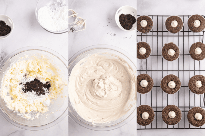 Process photos for Oreo Cream Cheese Frosting