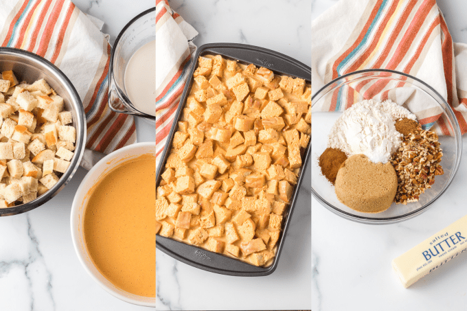Process steps for Pumpkin Spice French Toast Casserole.