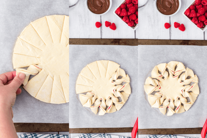 Twisting the slices for the celebration bread.