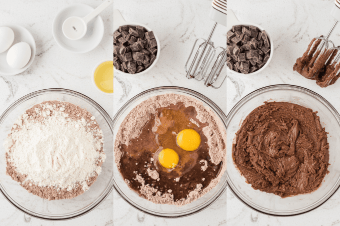 Process steps for making cookies from a brownie mix.