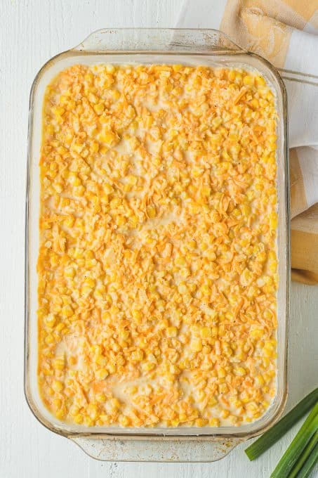 A corn casserole in a pan.