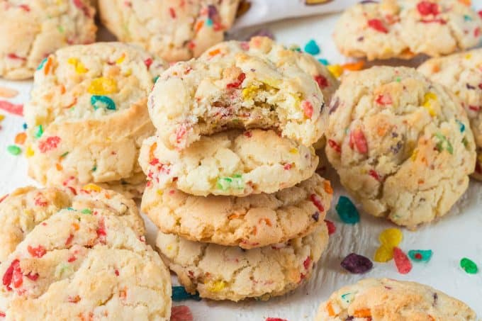 Easy sugar cookie with Fruity Pebbles cereal.