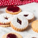 Classic raspberry filled sandwich cookies.