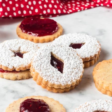 Classic raspberry filled sandwich cookies.