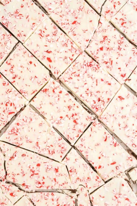 Crushed candy canes on top of white chocolate.