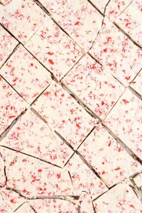 Crushed candy canes on top of white chocolate.