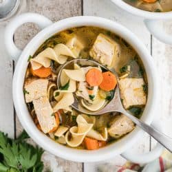 A bowl of soup with chinks of turkey, vegetables and noodles.