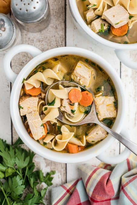 A bowl of soup with chinks of turkey, vegetables and noodles.