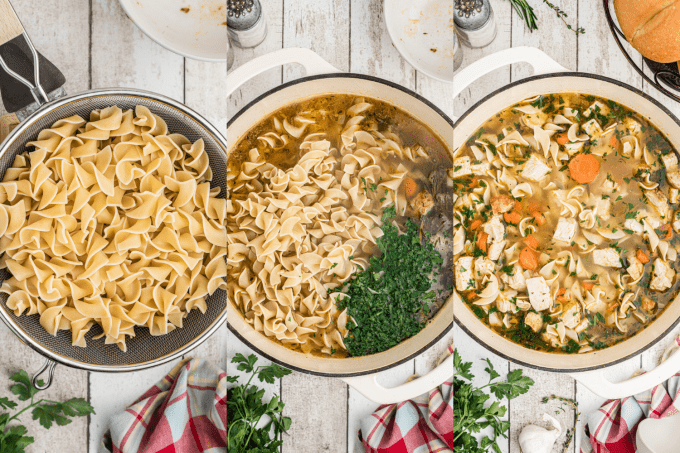 Putting noodles into Turkey Noodle Soup.