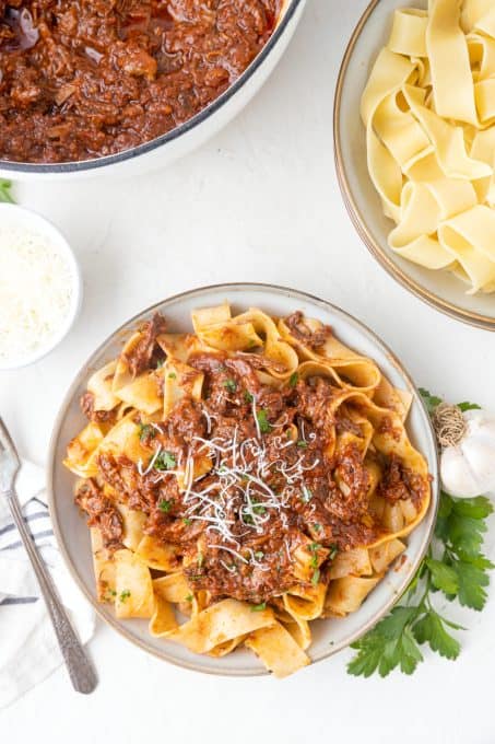 A bowl of a Ragu pasta dish.