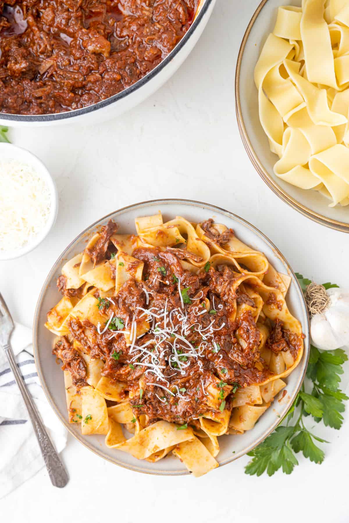 A bowl of a Ragu pasta dish.