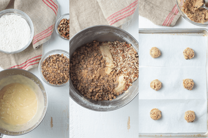 Process photos for Bourbon Toffee Pecan Cookies.