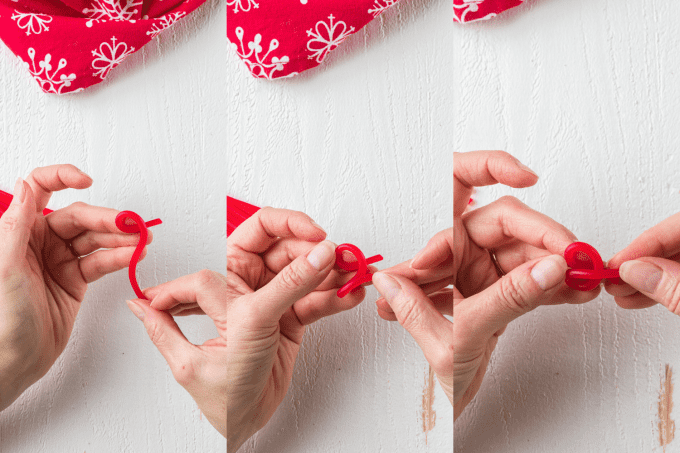 Process steps for making licorice bows for green wreath cookies.