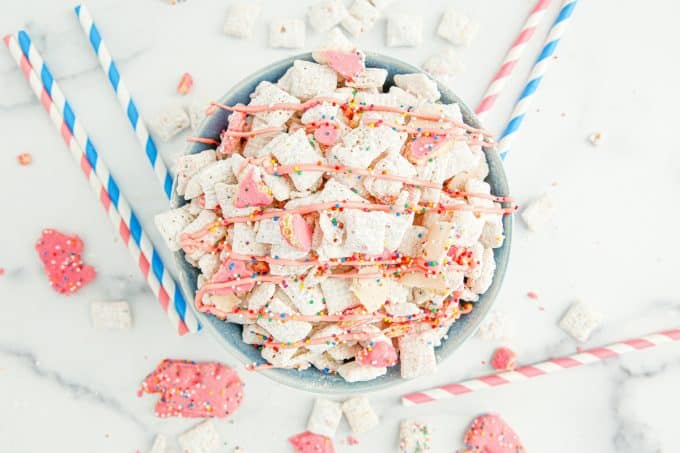 A bowl of puppy chow made with Circus Animal Cookies.