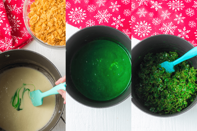 Process steps for making green cornflake wreaths.
