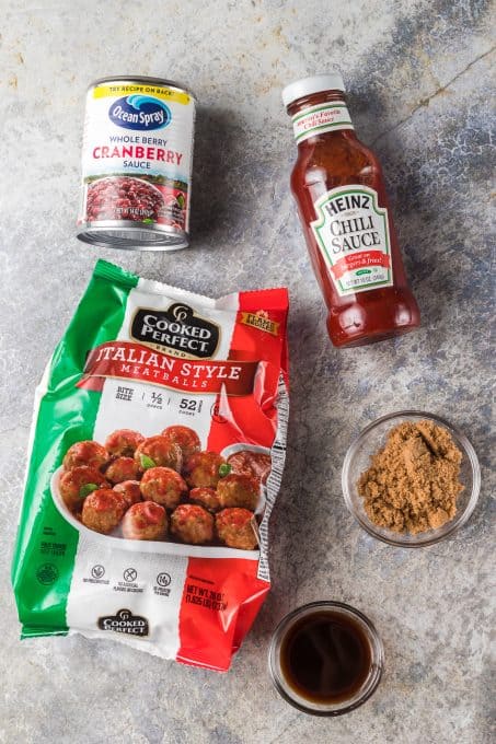 Ingredients for appetizer meatballs with cranberry sauce.